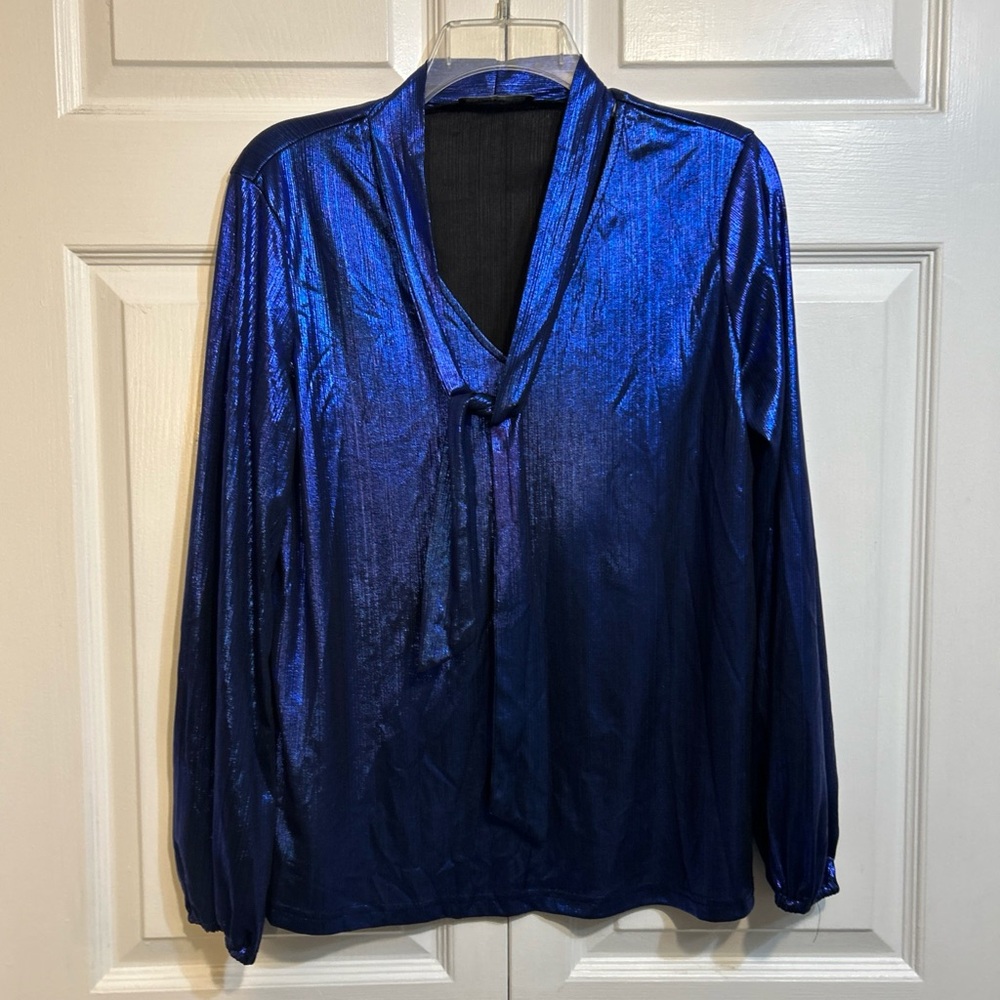 YOINS Blouse Size L Large Top Tie Neck Long Sleeve Iridescent Shimmer Blue